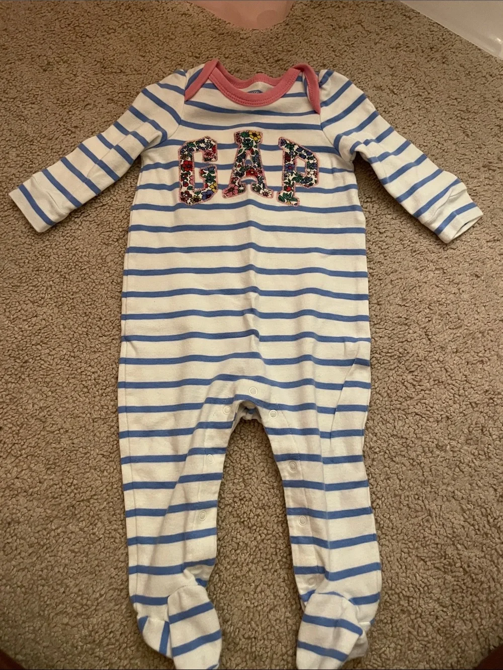 GAP White and Light Blue Striped Infant Footie with Floral Logo